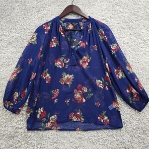 Lucky‎ Brand Womens Sheer Floral Tassel Blouse Blue Size Small Boho Casual